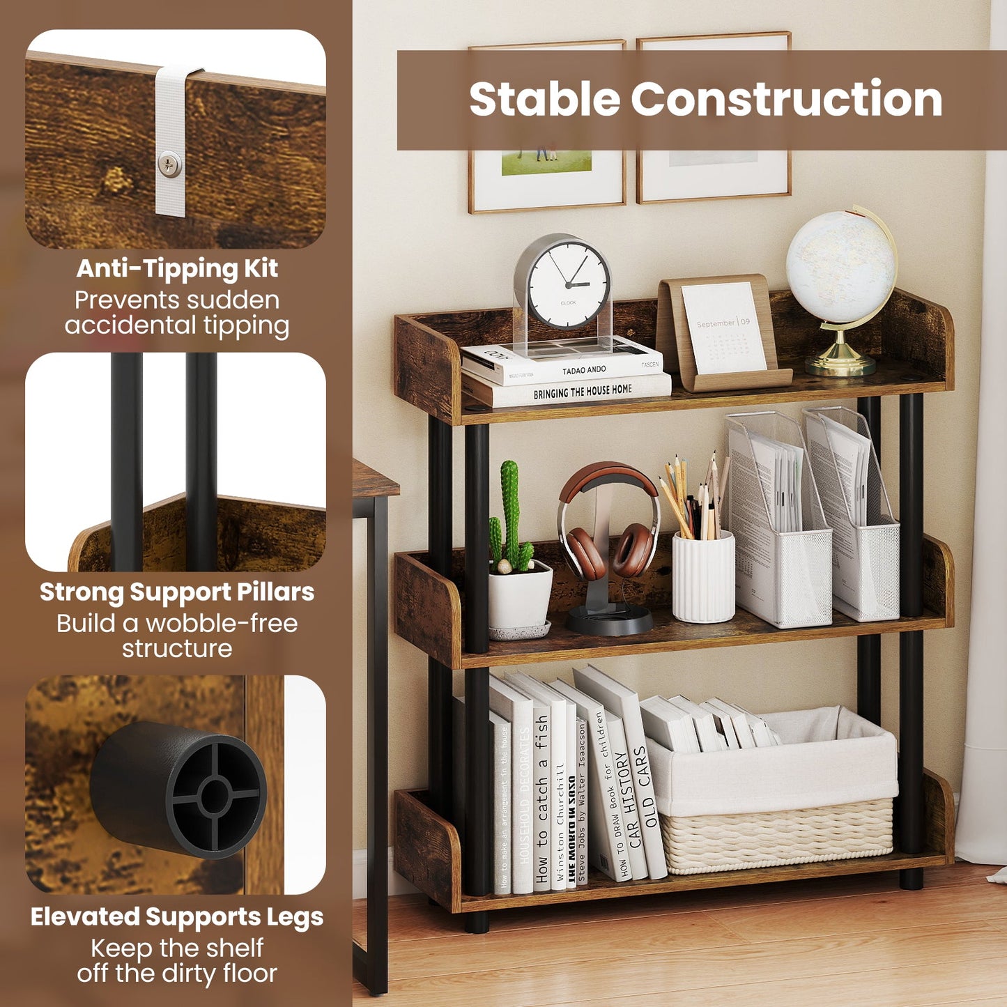 3-Tier Bookshelf with Anti-Tipping Kit and Industrial Storage Unit for Living Room