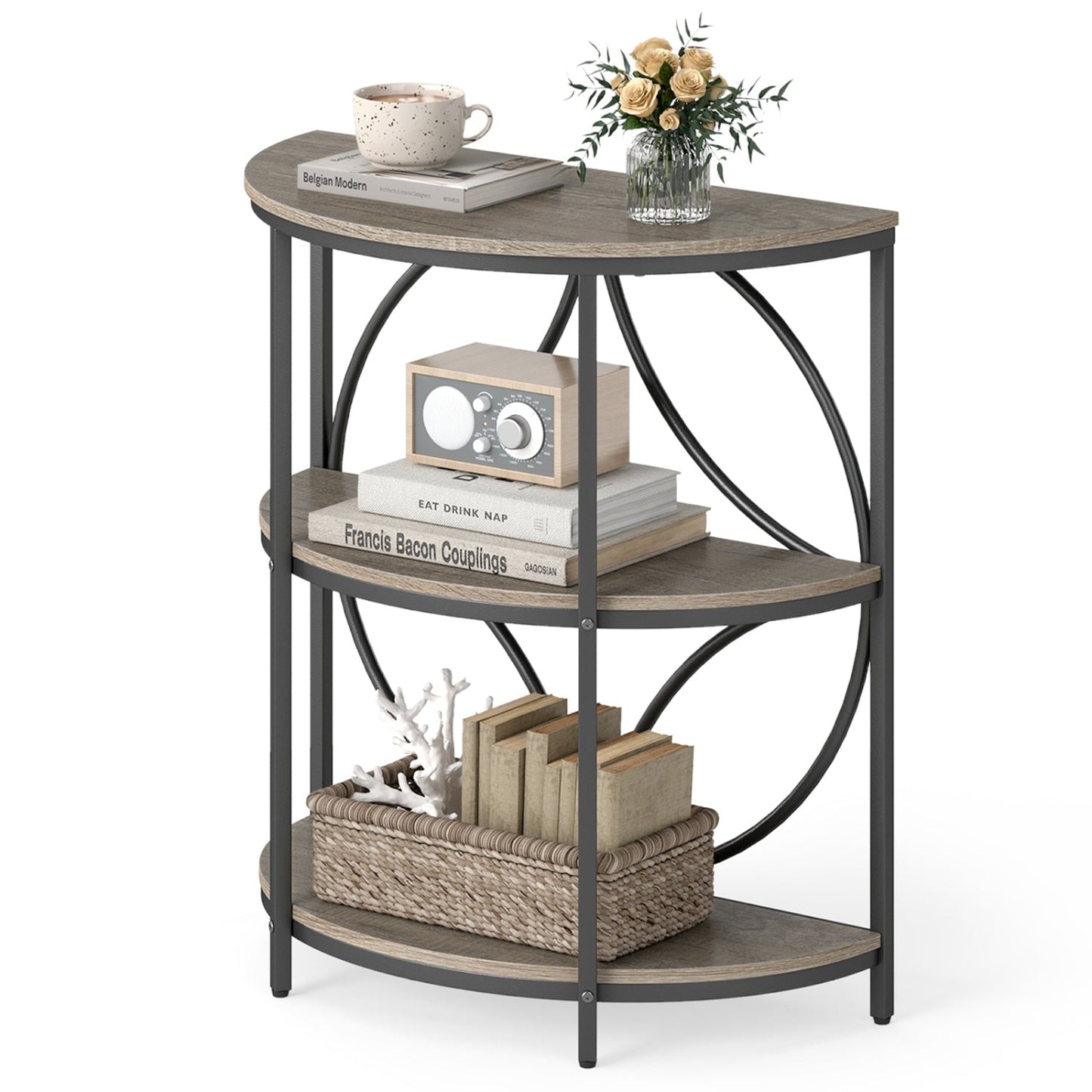 3-Tier Half Round End Table with Study Metal Frame for Living Room
