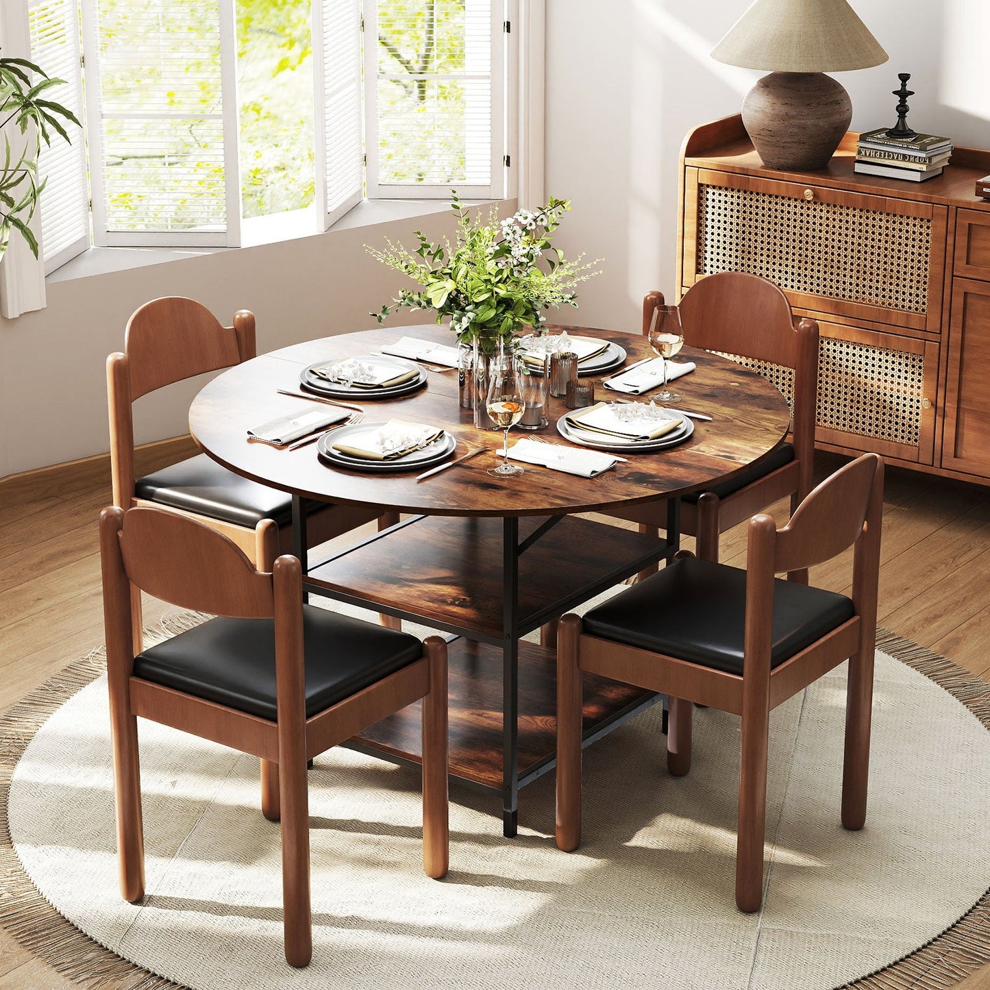 47 Inch Round Dining Table for 4-6 People Large Kitchen Table with 2-Tier Storage Shelves