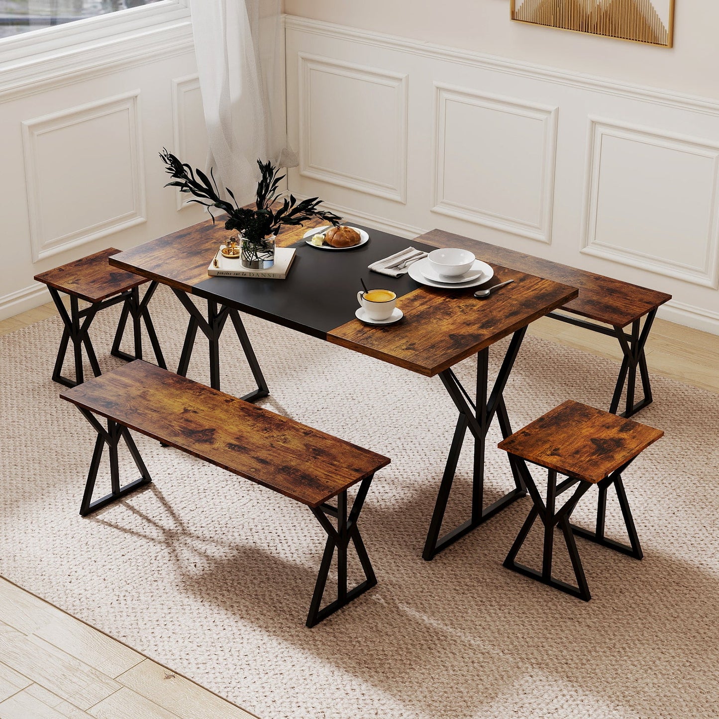 5-Piece Dining Room Set Industrial Rectangular Kitchen Table with 2 Benches and 2 Stools-Rustic Brown