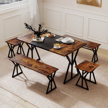 5-Piece Dining Room Set Industrial Rectangular Kitchen Table with 2 Benches and 2 Stools-Rustic Brown