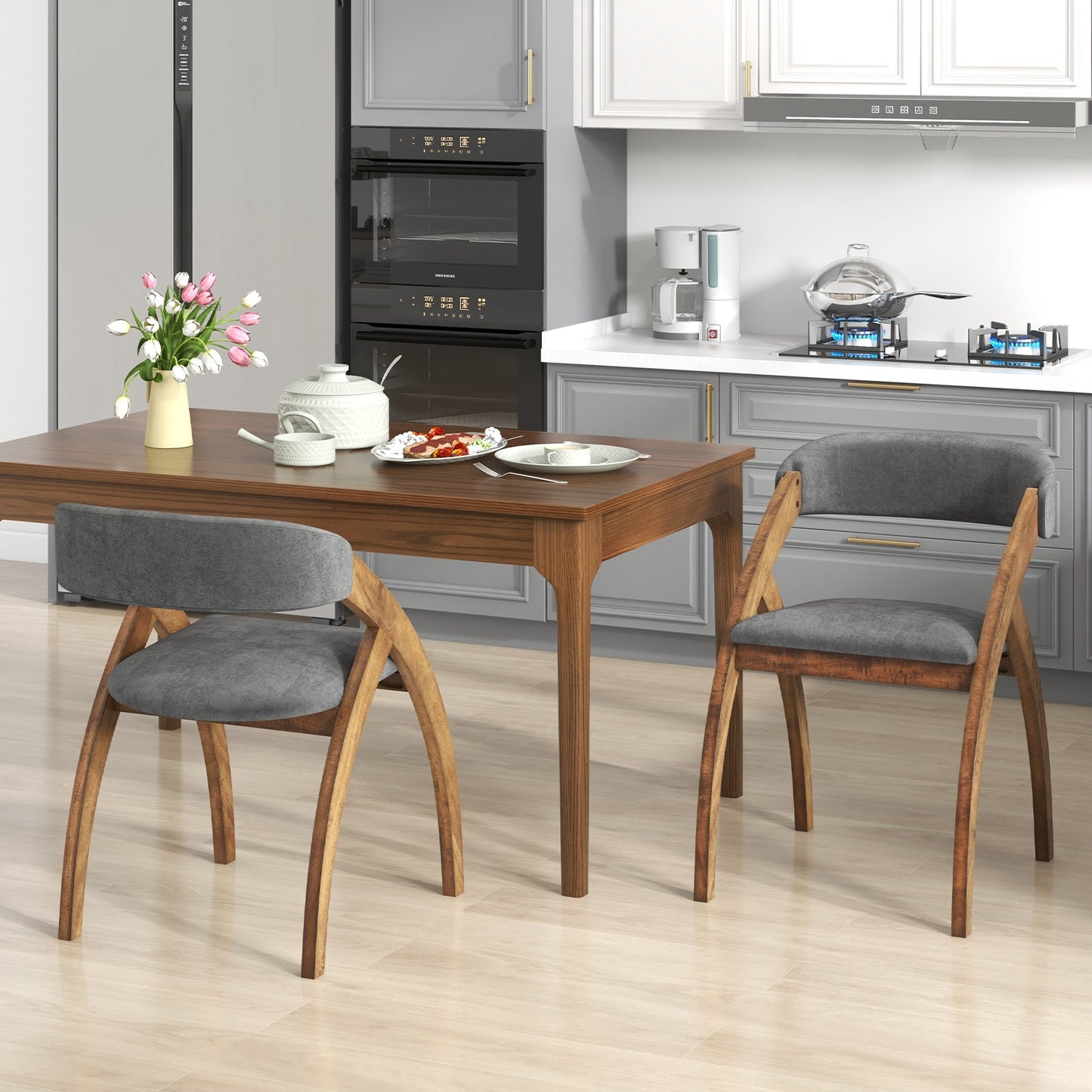 Dining Chair Set of 2 with Padded Cushion and Curved Back for Living Room-Walnut