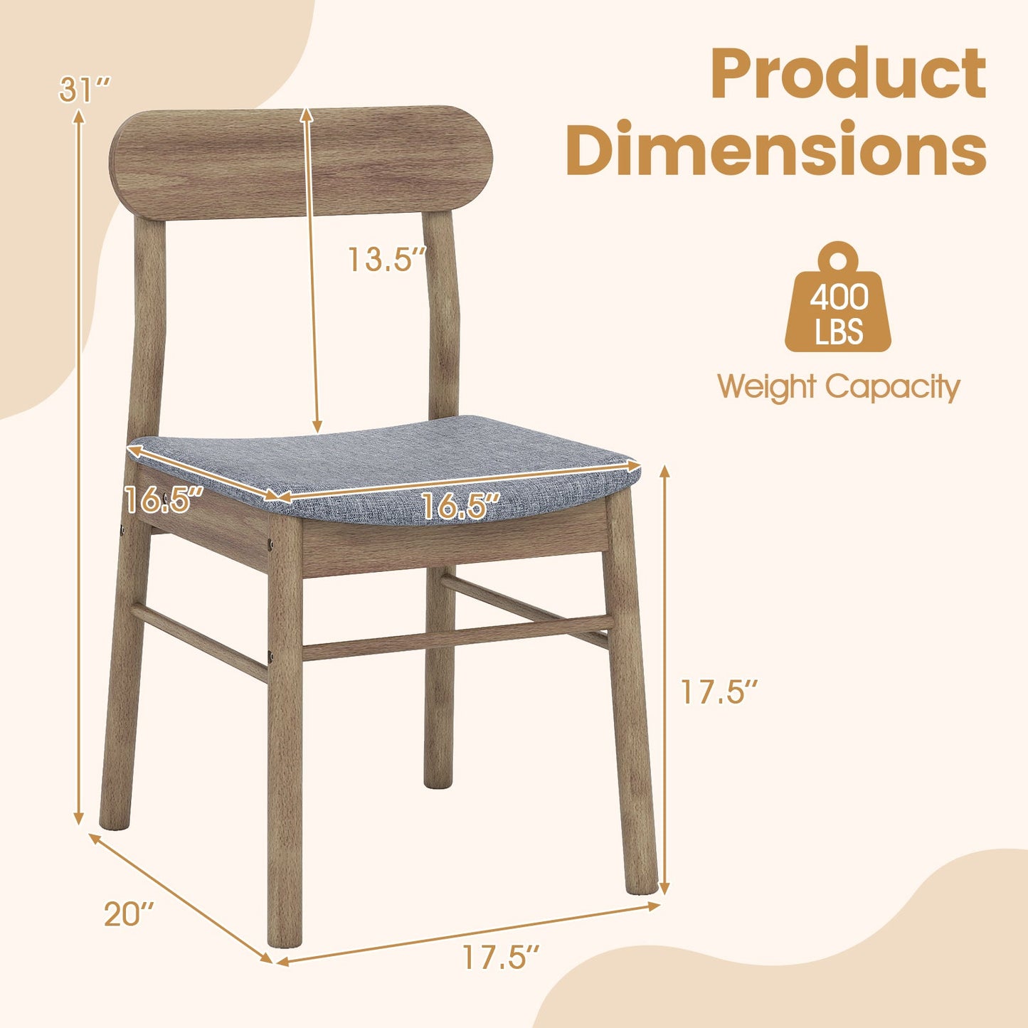 Fabric Upholstered Kitchen Armless Dining Chairs with Rubber Wood Frame Set of 4-Oak