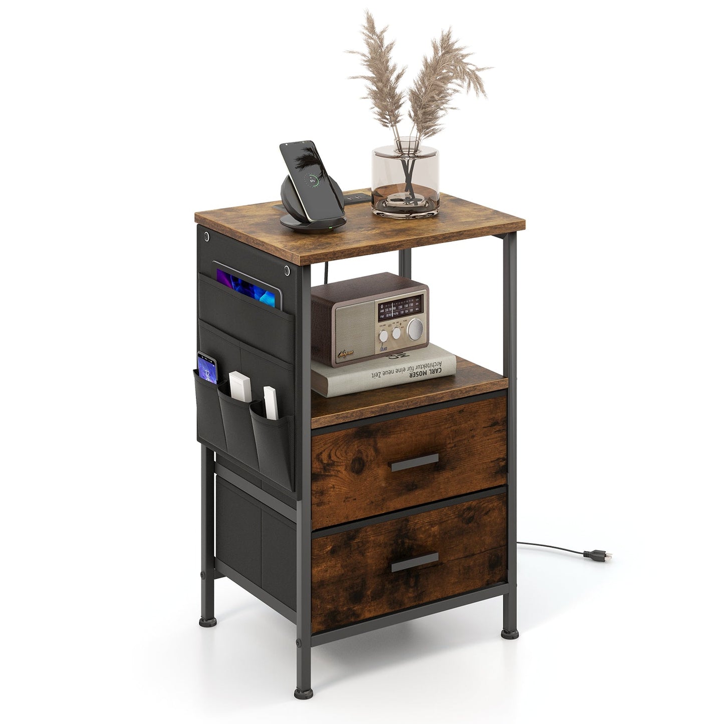 Industrial Bedside Table with USB Ports and AC Outlets for Bedroom Living Room