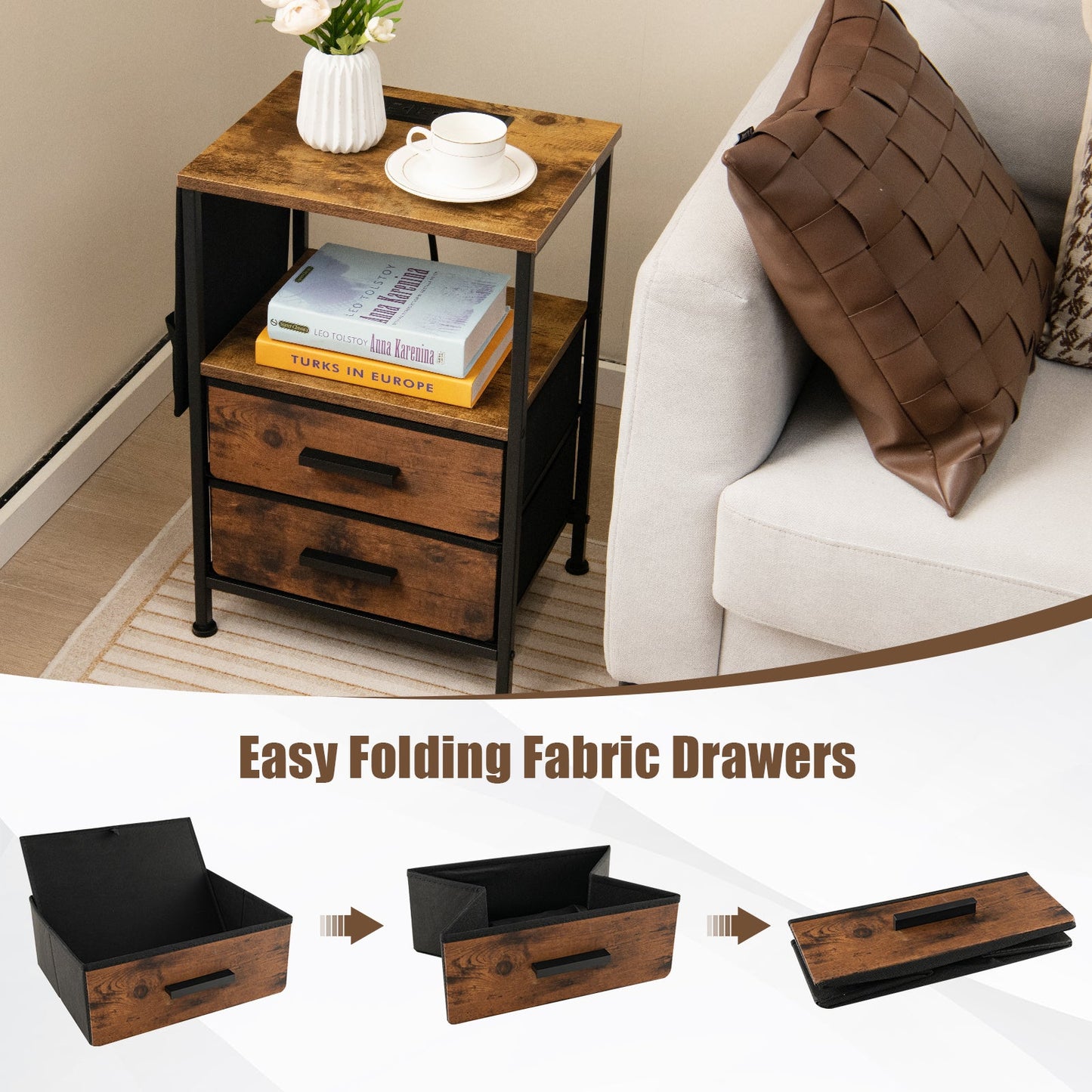 Industrial Bedside Table with USB Ports and AC Outlets for Bedroom Living Room